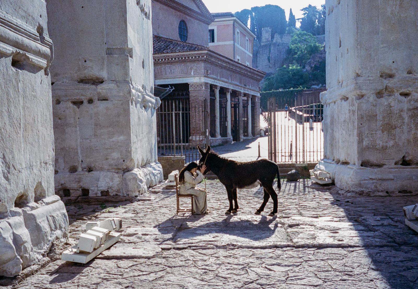 The model and the donkey centred in the distance, framed by two monumental stone piers
